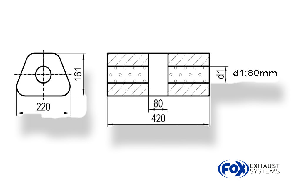 Fox Uni-Schalldämpfer trapez ohne Stutzen mit Kammer - Abw. 644 220x161mm, d1Ø 80mm, Länge: 420mm