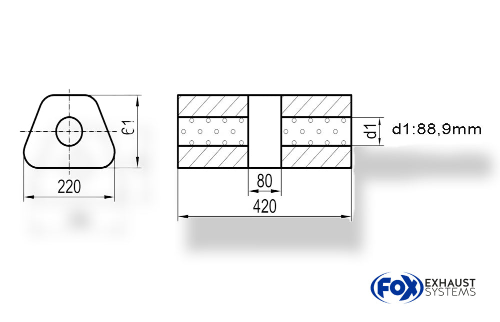Fox Uni-Schalldämpfer trapez ohne Stutzen mit Kammer - Abw. 644 220x161mm, d1Ø 88,9mm, Länge: 420mm