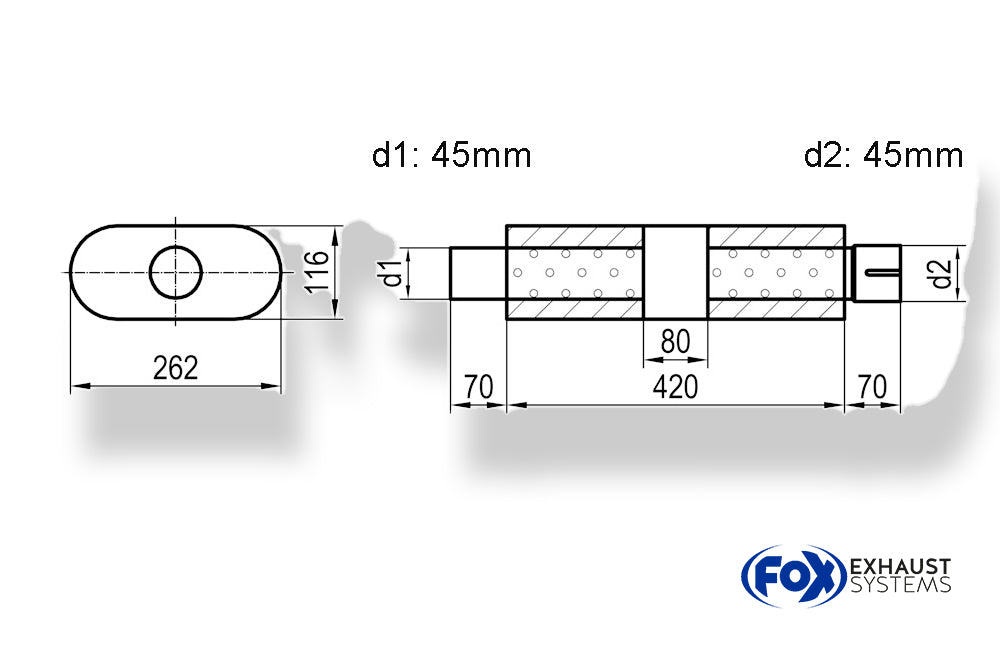Fox Uni-Schalldämpfer oval mit Kammer + Stutzen - Abw. 650 262x116mm, d1Ø 45mm (außen), d2Ø 45mm (innen), Länge: 420mm