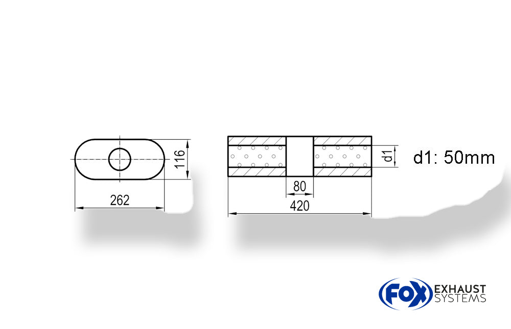 Fox Uni-Schalldämpfer oval ohne Stutzen mit Kammer - Abw. 650 262x116mm, d1Ø 50mm, Länge: 420mm