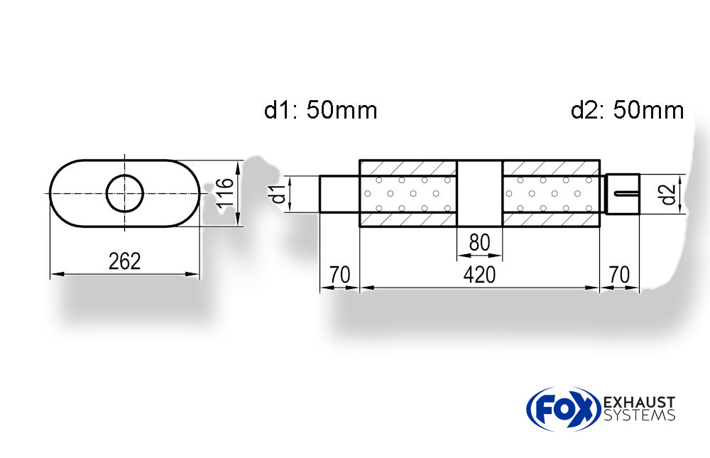 Fox Uni-Schalldämpfer oval mit Kammer + Stutzen - Abw. 650 262x116mm, d1Ø 50mm (außen), d2Ø 50mm (innen), Länge: 420mm