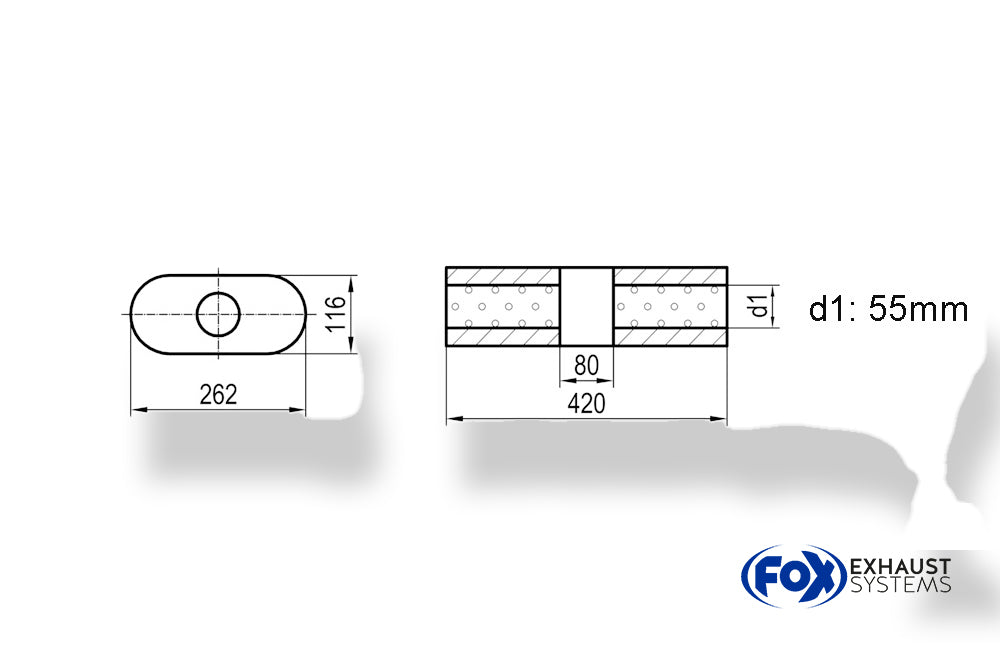 Fox Uni-Schalldämpfer oval ohne Stutzen mit Kammer - Abw. 650 262x116mm, d1Ø 55mm, Länge: 420mm