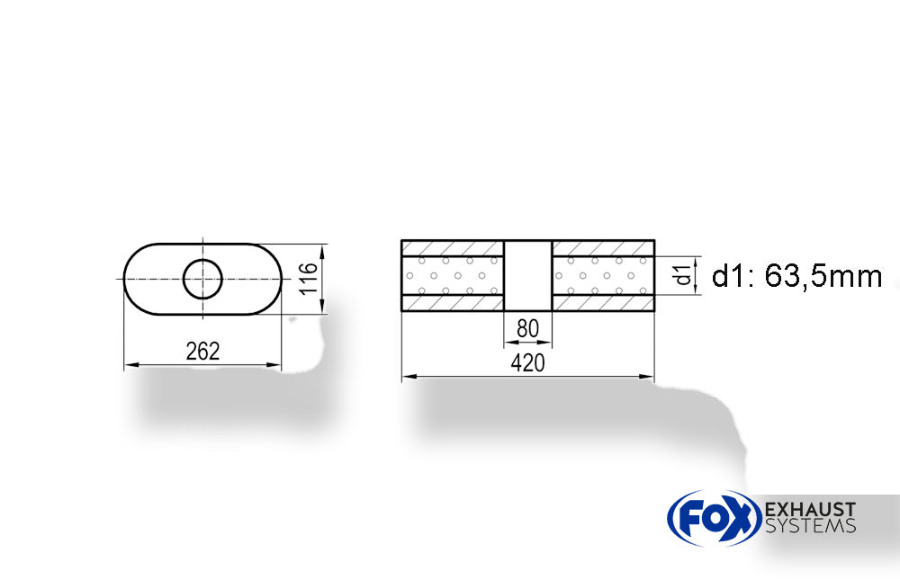 Fox Uni-Schalldämpfer oval ohne Stutzen mit Kammer - Abw. 650 262x116mm, d1Ø 63,5mm, Länge: 420mm