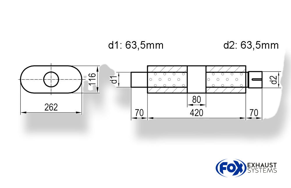 Fox Uni-Schalldämpfer oval mit Kammer + Stutzen - Abw. 650 262x116mm, d1Ø 63,5mm (außen), d2Ø 63,5mm (innen), Länge: 420mm