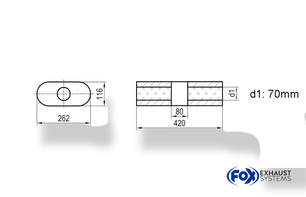 Fox Uni-Schalldämpfer oval ohne Stutzen mit Kammer - Abw. 650 262x116mm, d1Ø 70mm, Länge: 420mm