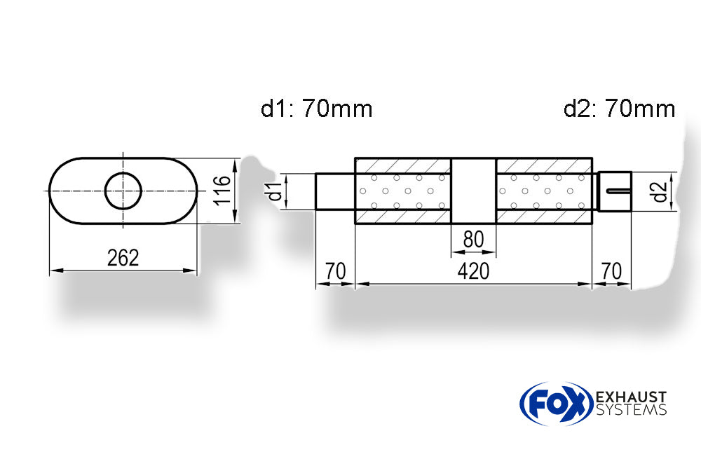 Fox Uni-Schalldämpfer oval mit Kammer + Stutzen - Abw. 650 262x116mm, d1Ø 70mm (außen), d2Ø 70mm (innen), Länge: 420mm