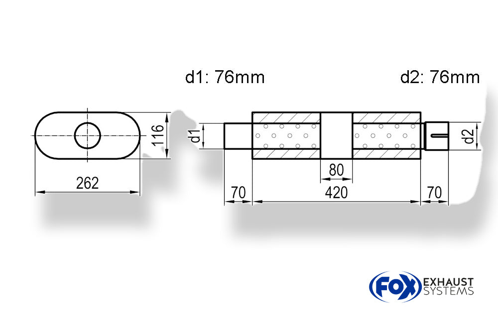 Fox Uni-Schalldämpfer oval mit Kammer + Stutzen - Abw. 650 262x116mm, d1Ø 76mm (außen), d2Ø 76mm (innen), Länge: 420mm