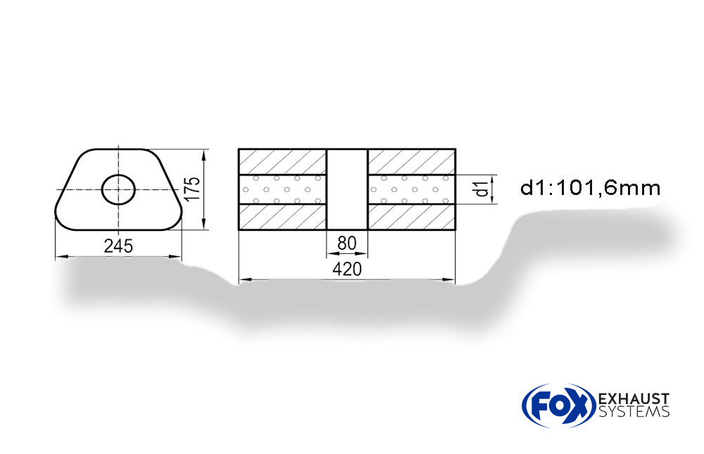 Fox Uni-Schalldämpfer trapez ohne Stutzen mit Kammer - Abw. 711 245x175mm, d1Ø 101,6mm, Länge: 420mm