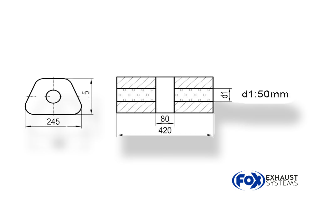 Fox Uni-Schalldämpfer trapez ohne Stutzen mit Kammer - Abw. 711 245x175mm, d1Ø 50mm, Länge: 420mm