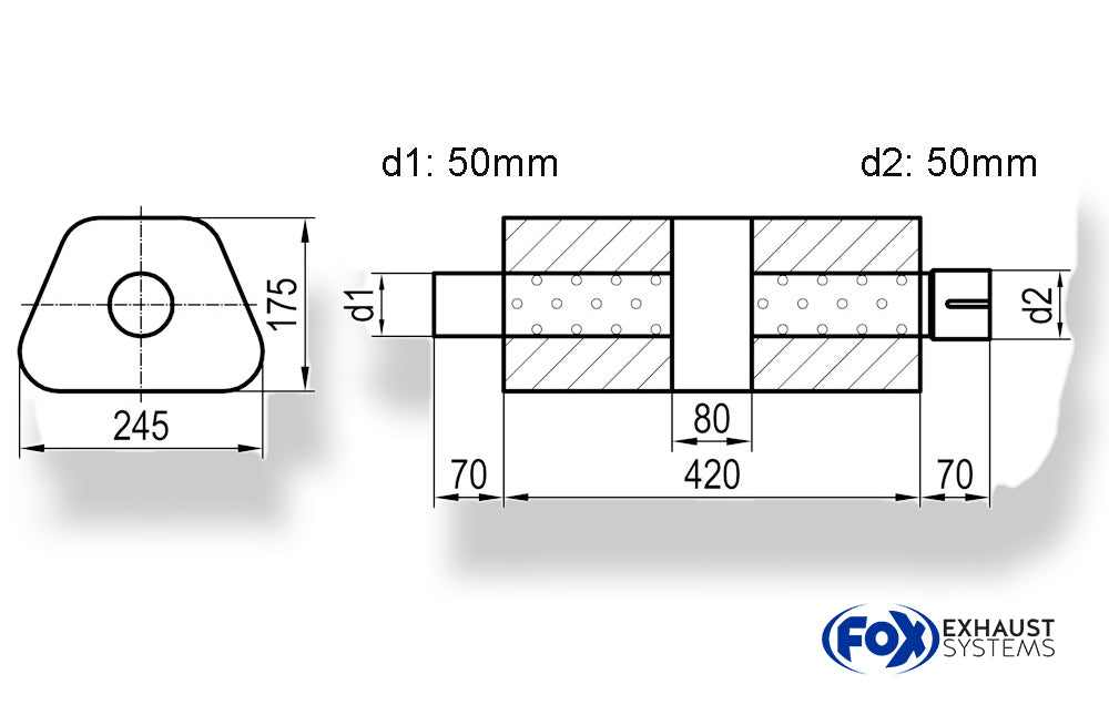 Fox Uni-Schalldämpfer trapez mit Kammer + Stutzen - Abw. 711 245x175mm, d1Ø 50mm (außen), d2Ø 50mm (innen), Länge: 420mm