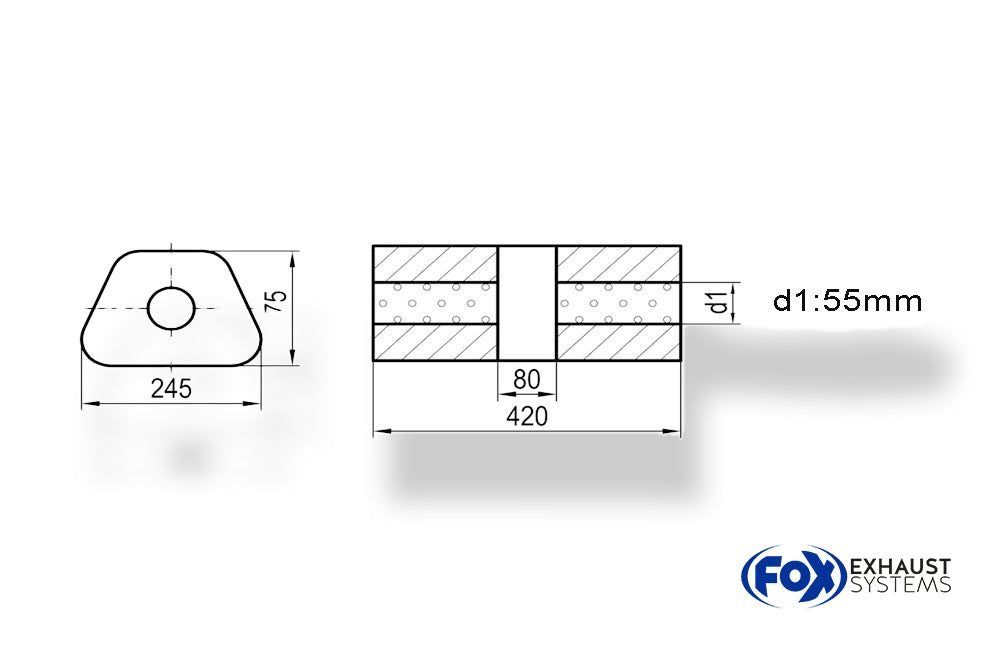 Fox Uni-Schalldämpfer trapez ohne Stutzen mit Kammer - Abw. 711 245x175mm, d1Ø 55mm, Länge: 420mm