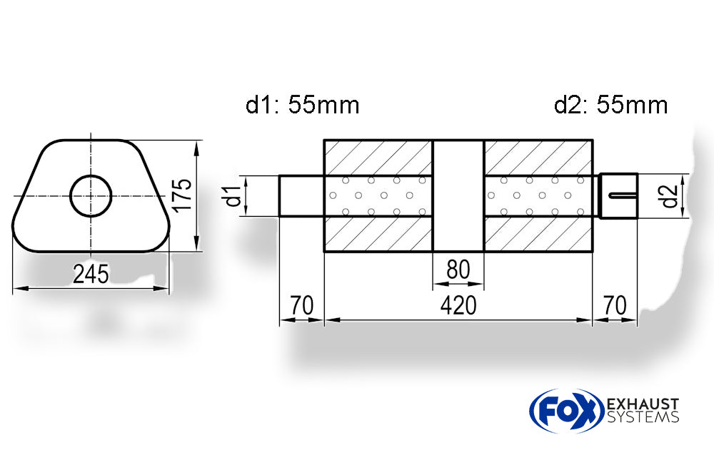 Fox Uni-Schalldämpfer trapez mit Kammer + Stutzen - Abw. 711 245x175mm, d1Ø 55mm (außen), d2Ø 55mm (innen), Länge: 420mm