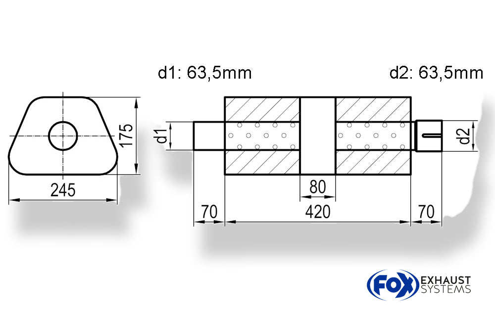 Fox Uni-Schalldämpfer trapez mit Kammer + Stutzen - Abw. 711 245x175mm, d1Ø 63,5mm (außen), d2Ø 63,5mm (innen), Länge: 420mm