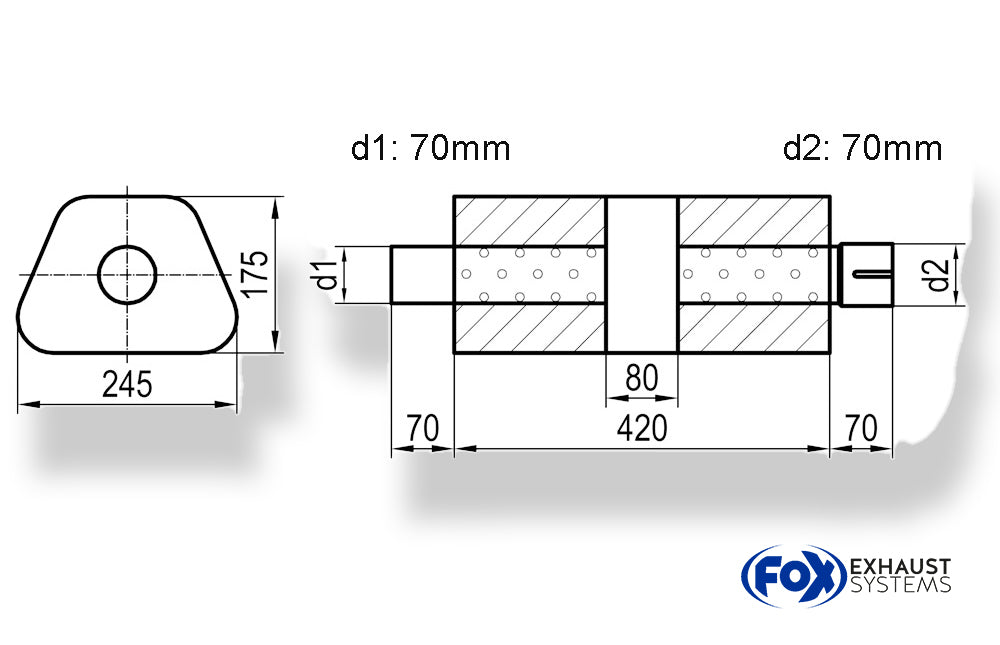 Fox Uni-Schalldämpfer trapez mit Kammer + Stutzen - Abw. 711 245x175mm, d1Ø 70mm (außen), d2Ø 70mm (innen), Länge: 420mm