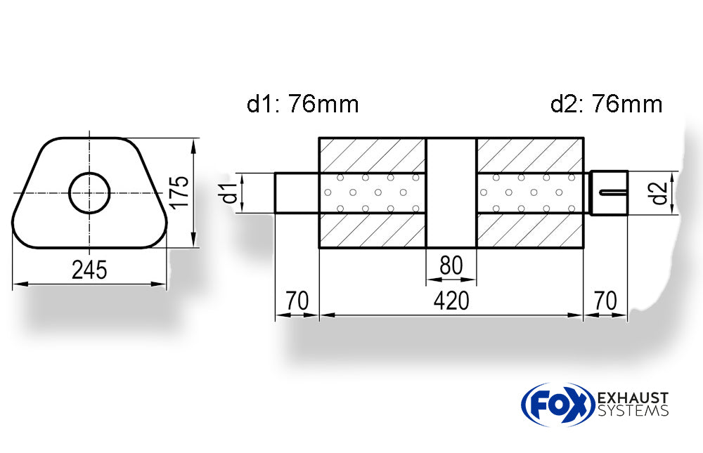 Fox Uni-Schalldämpfer trapez mit Kammer + Stutzen - Abw. 711 245x175mm, d1Ø 76mm (außen), d2Ø 76mm (innen), Länge: 420mm