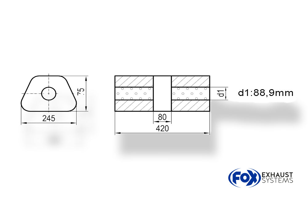 Fox Uni-Schalldämpfer trapez ohne Stutzen mit Kammer - Abw. 711 245x175mm, d1Ø 88,9mm, Länge: 420mm