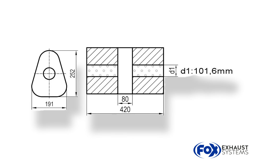 Fox Uni-Schalldämpfer dreieck ohne Stutzen mit Kammer - Abw. 725 191x252mm, d1Ø 101,6mm, Länge: 420mm
