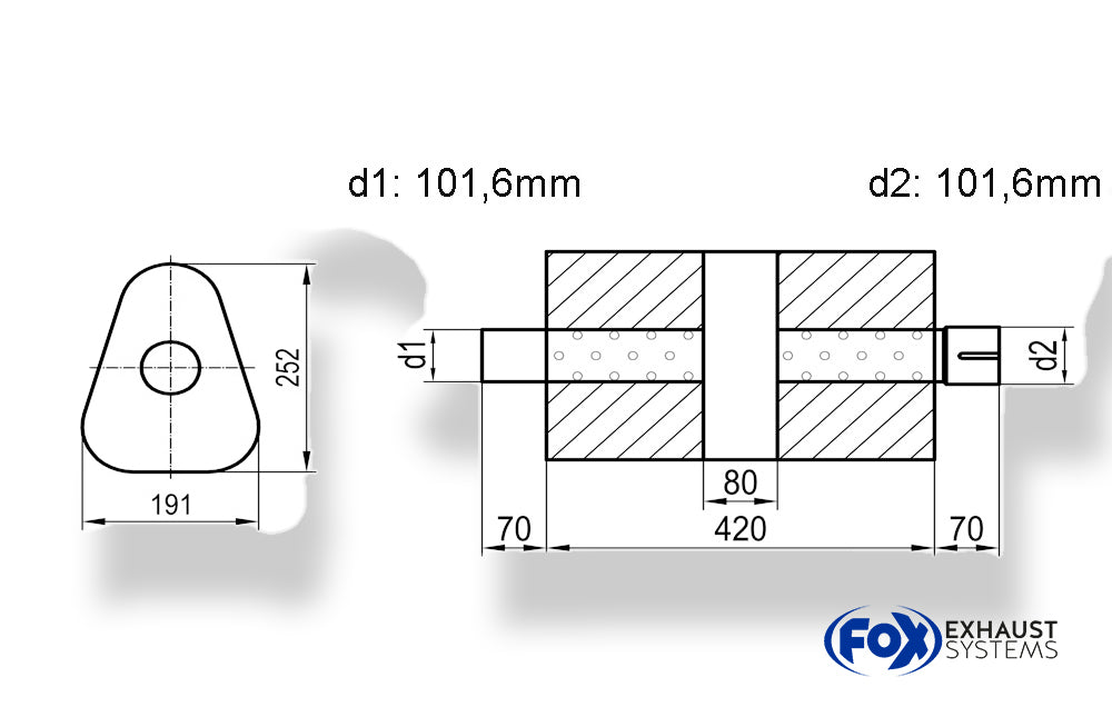 Fox Uni-Schalldämpfer dreieck mit Kammer + Stutzen - Abw. 725 191x252mm, d1Ø 101,6mm (außen), d2Ø 101,6mm (innen), Länge: 420mm