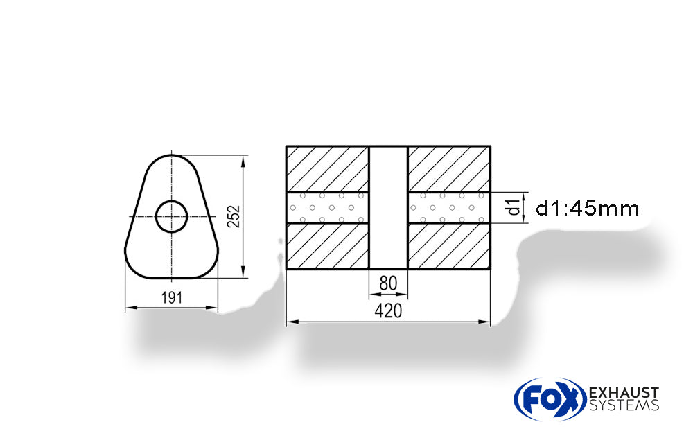 Fox Uni-Schalldämpfer dreieck ohne Stutzen mit Kammer - Abw. 725 191x252mm, d1Ø 45mm, Länge: 420mm