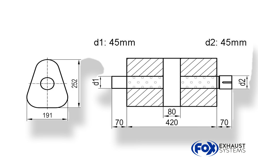 Fox Uni-Schalldämpfer dreieck mit Kammer + Stutzen - Abw. 725 191x252mm, d1Ø 45mm (außen), d2Ø 45mm (innen), Länge: 420mm
