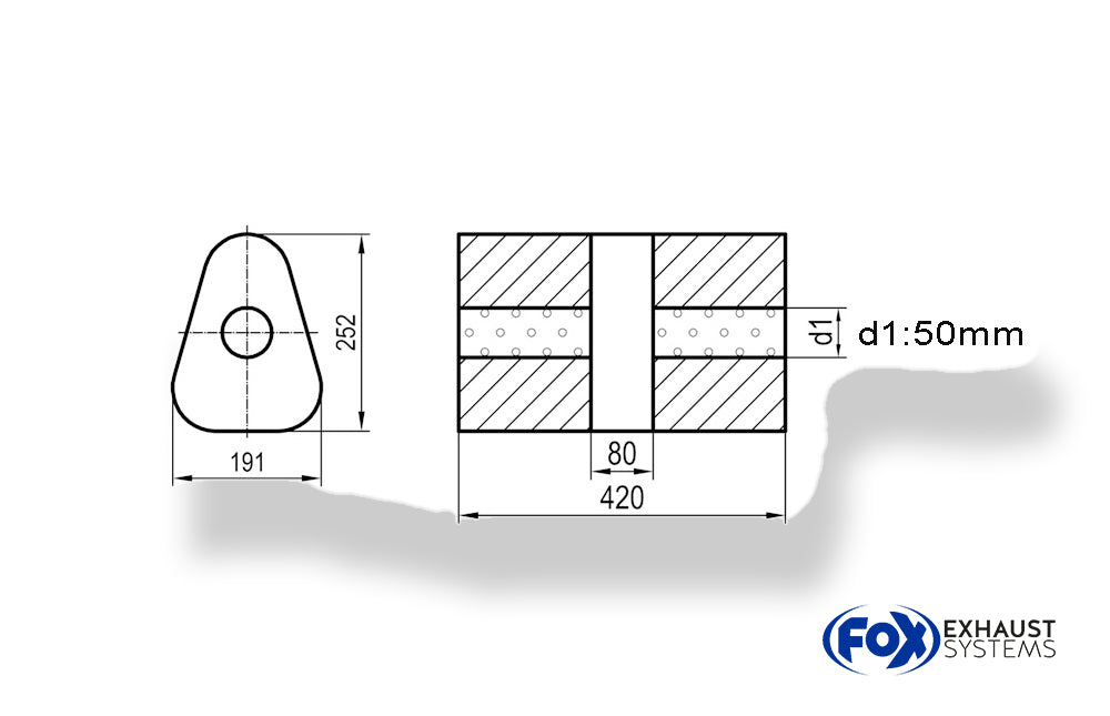 Fox Uni-Schalldämpfer dreieck ohne Stutzen mit Kammer - Abw. 725 191x252mm, d1Ø 50mm, Länge: 420mm