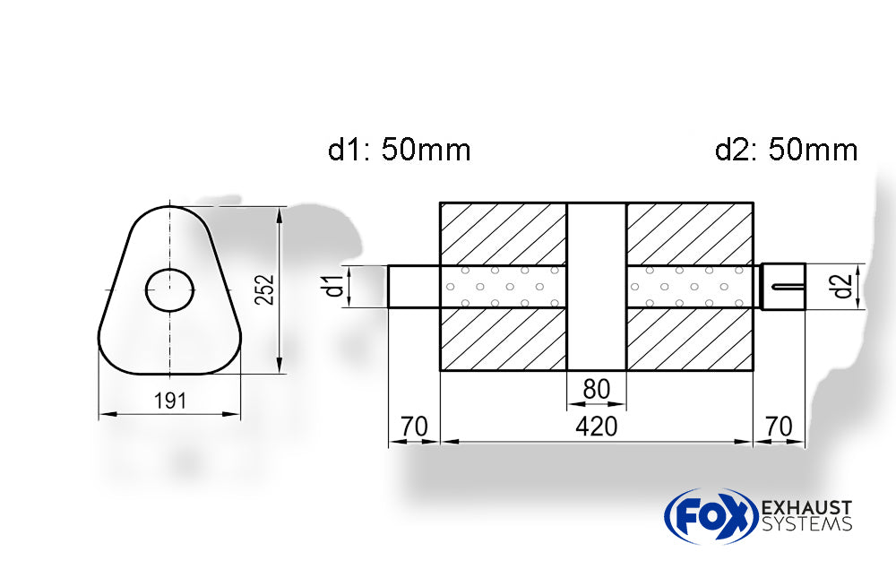 Fox Uni-Schalldämpfer dreieck mit Kammer + Stutzen - Abw. 725 191x252mm, d1Ø 50mm (außen), d2Ø 50mm (innen), Länge: 420mm