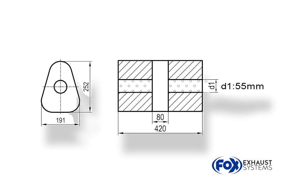 Fox Uni-Schalldämpfer dreieck ohne Stutzen mit Kammer - Abw. 725 191x252mm, d1Ø 55mm, Länge: 420mm