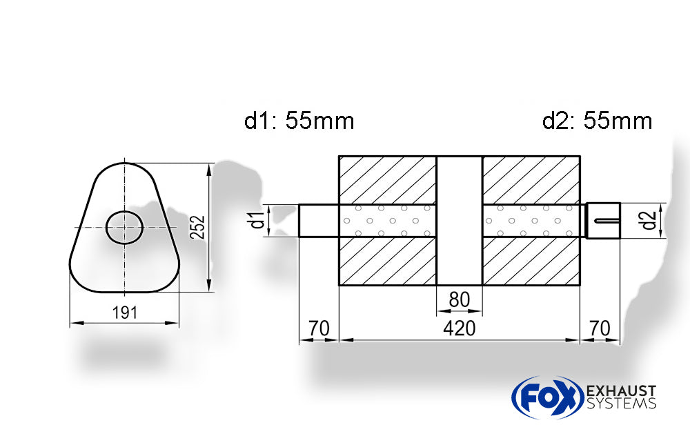 Fox Uni-Schalldämpfer dreieck mit Kammer + Stutzen - Abw. 725 191x252mm, d1Ø 55mm (außen), d2Ø 55mm (innen), Länge: 420mm