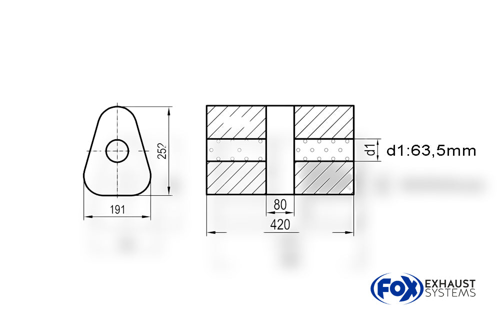Fox Uni-Schalldämpfer dreieck ohne Stutzen mit Kammer - Abw. 725 191x252mm, d1Ø 63,5mm, Länge: 420mm