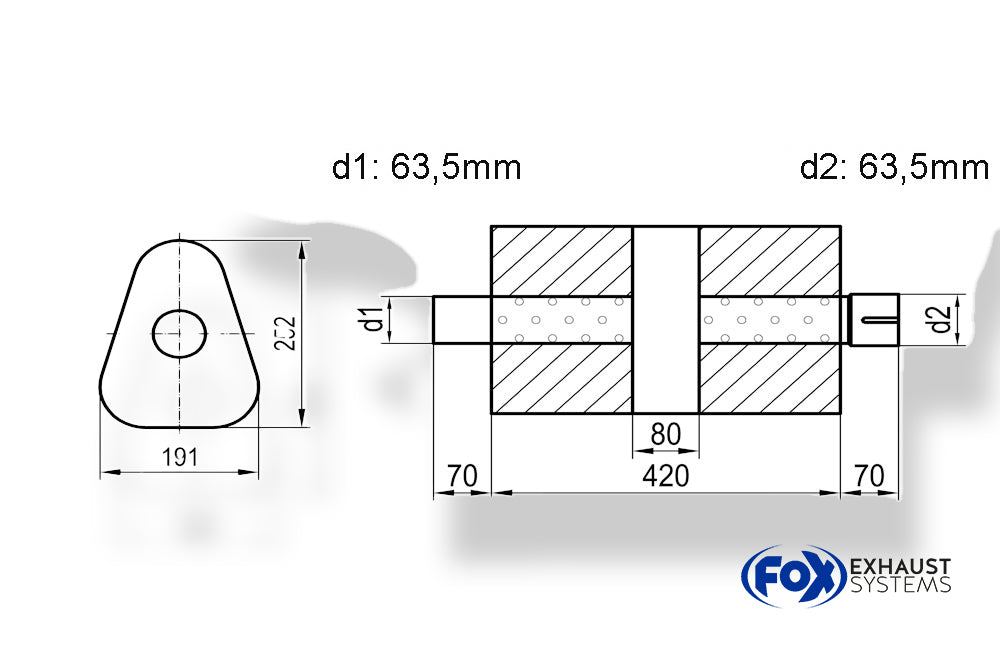 Fox Uni-Schalldämpfer dreieck mit Kammer + Stutzen - Abw. 725 191x252mm, d1Ø 63,5mm (außen), d2Ø 63,5mm (innen), Länge: 420mm