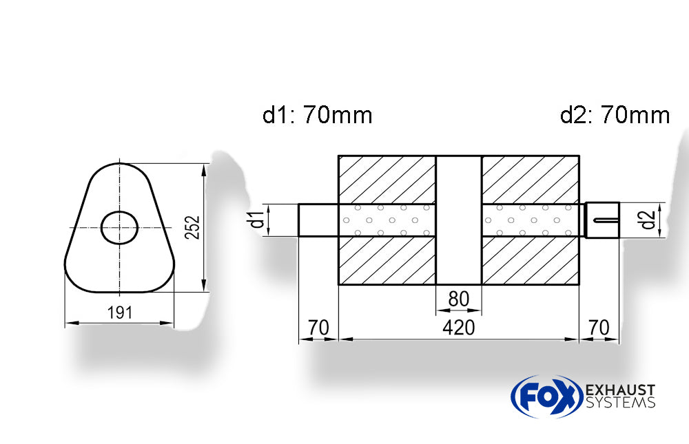 Fox Uni-Schalldämpfer dreieck mit Kammer + Stutzen - Abw. 725 191x252mm, d1Ø 70mm (außen), d2Ø 70mm (innen), Länge: 420mm