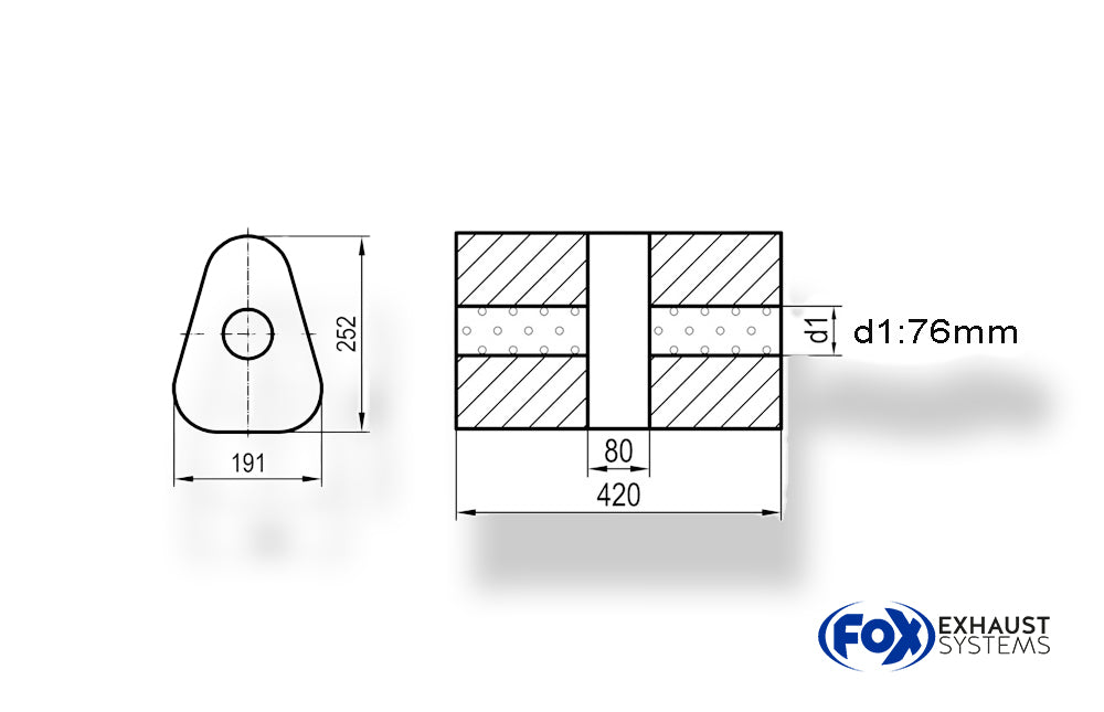 Fox Uni-Schalldämpfer dreieck ohne Stutzen mit Kammer - Abw. 725 191x252mm, d1Ø 76mm, Länge: 420mm