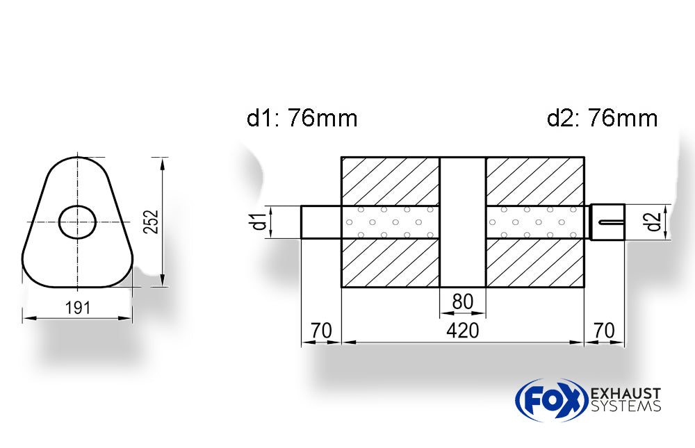 Fox Uni-Schalldämpfer dreieck mit Kammer + Stutzen - Abw. 725 191x252mm, d1Ø 76mm (außen), d2Ø 76mm (innen), Länge: 420mm