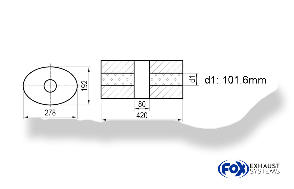 Fox Uni-Schalldämpfer oval ohne Stutzen mit Kammer - Abw. 754 278x192mm, d1Ø 101,6mm, Länge: 420mm