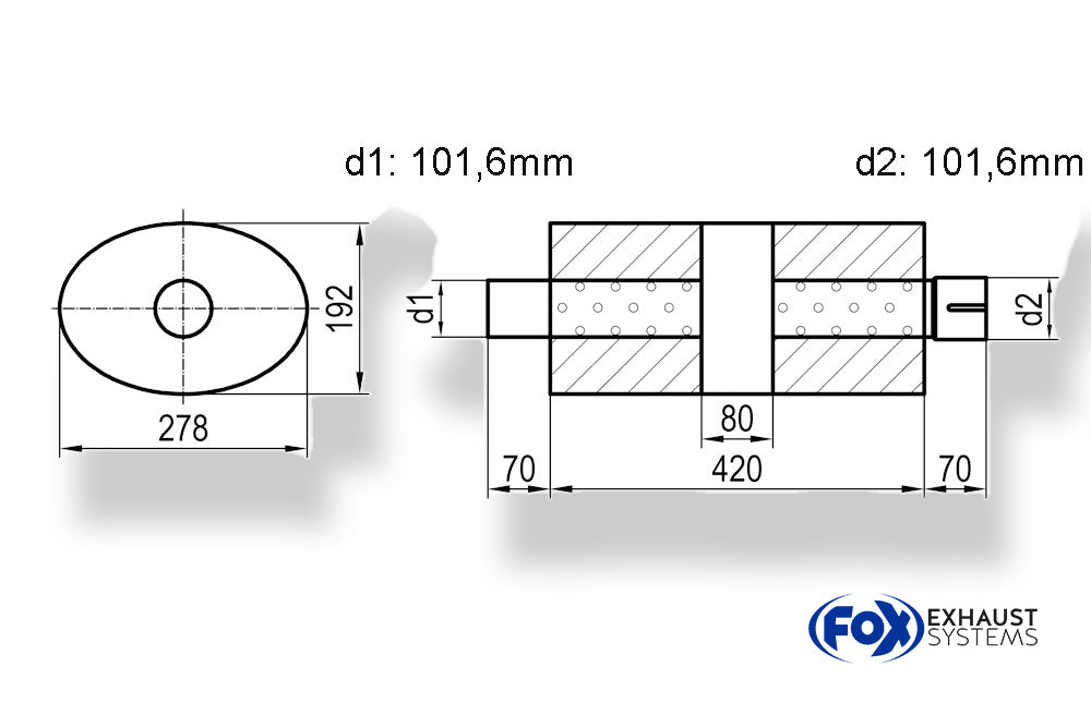 Fox Uni-Schalldämpfer oval mit Kammer + Stutzen - Abw. 754 278x192mm, d1Ø 101,6mm (außen), d2Ø 101,6mm (innen), Länge: 420mm
