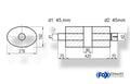 Fox Uni-Schalldämpfer oval mit Kammer + Stutzen - Abw. 754 278x192mm, d1Ø 45mm (außen), d2Ø 45mm (innen), Länge: 420mm