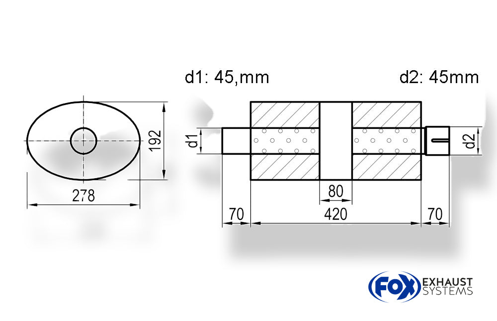 Fox Uni-Schalldämpfer oval mit Kammer + Stutzen - Abw. 754 278x192mm, d1Ø 45mm (außen), d2Ø 45mm (innen), Länge: 420mm