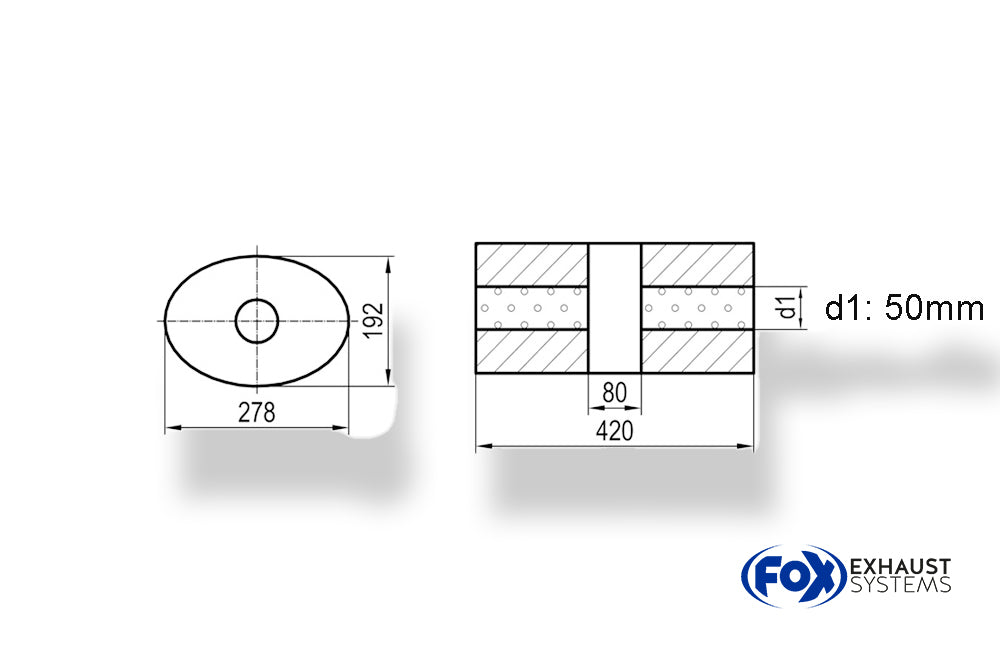 Fox Uni-Schalldämpfer oval ohne Stutzen mit Kammer - Abw. 754 278x192mm, d1Ø 50mm, Länge: 420mm