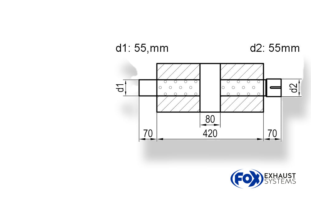Fox Uni-Schalldämpfer oval mit Kammer + Stutzen - Abw. 754 278x192mm, d1Ø 55mm (außen), d2Ø 55mm (innen), Länge: 420mm
