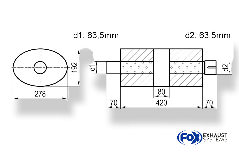 Fox Uni-Schalldämpfer oval mit Kammer + Stutzen - Abw. 754 278x192mm, d1Ø 63,5mm (außen), d2Ø 63,5mm (innen), Länge: 420mm