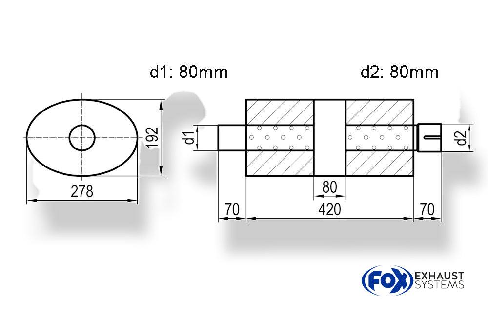Fox Uni-Schalldämpfer oval mit Kammer + Stutzen - Abw. 754 278x192mm, d1Ø 80mm (außen), d2Ø 80mm (innen), Länge: 420mm