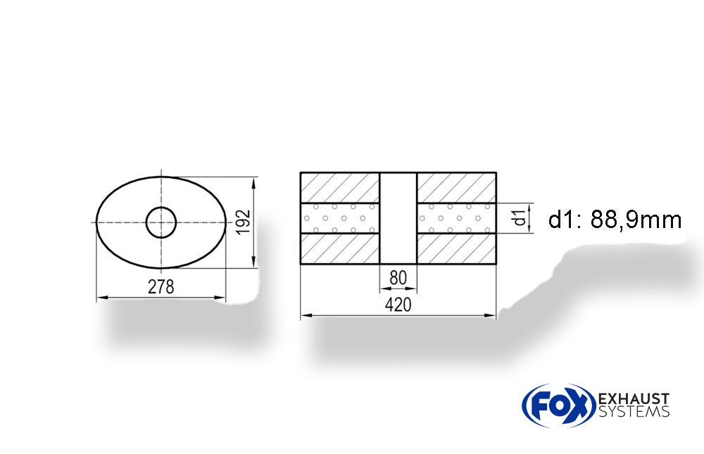 Fox Uni-Schalldämpfer oval ohne Stutzen mit Kammer - Abw. 754 278x192mm, d1Ø 88,9mm, Länge: 420mm