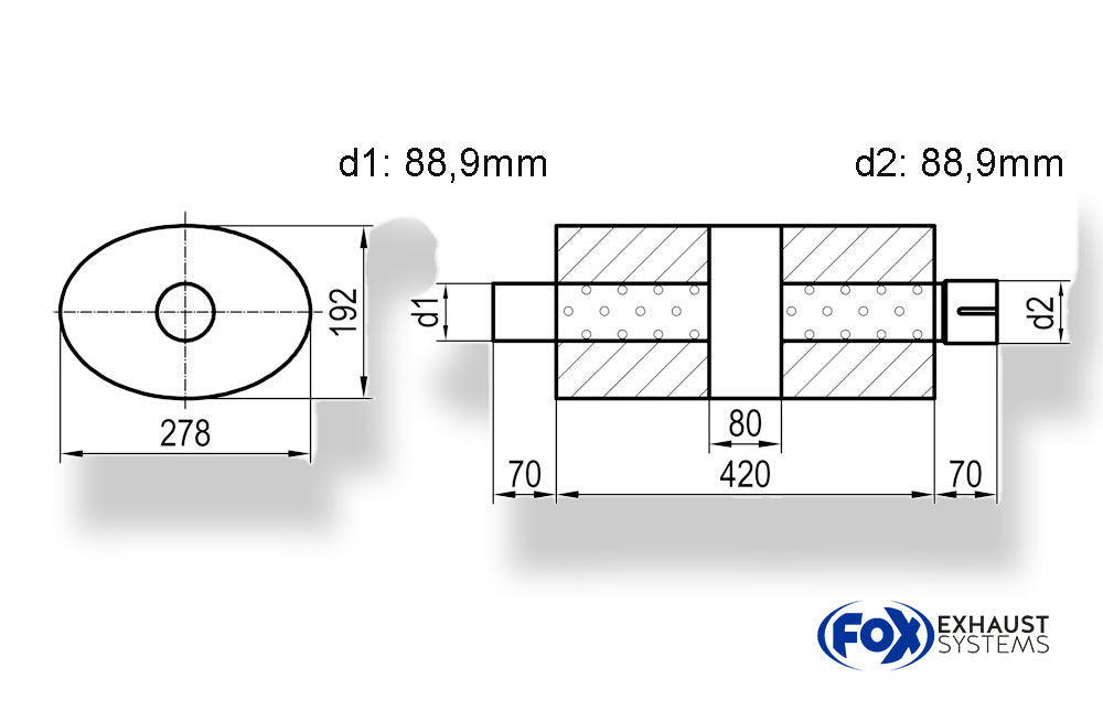 Fox Uni-Schalldämpfer oval mit Kammer + Stutzen - Abw. 754 278x192mm, d1Ø 88,9mm (außen), d2Ø 88,9mm (innen), Länge: 420mm