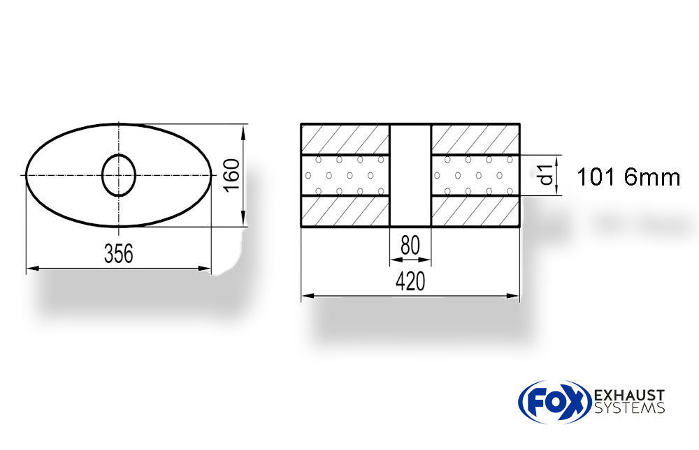 Fox Uni-Schalldämpfer oval ohne Stutzen mit Kammer - Abw. 818 356x160mm, d1Ø 101,6mm, Länge: 420mm