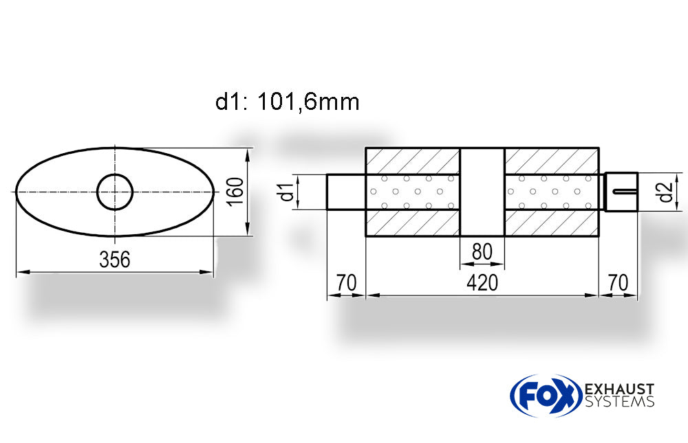 Fox Uni-Schalldämpfer oval mit Kammer + Stutzen - Abw. 818 356x160mm, d1Ø 101,6mm (außen), d2Ø 101,6mm (innen), Länge: 420mm