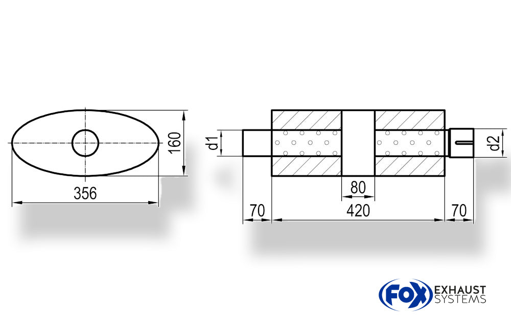Fox Uni-Schalldämpfer oval mit Kammer + Stutzen - Abw. 818 356x160mm, d1Ø 45mm (außen), d2Ø 45mm (innen), Länge: 420mm
