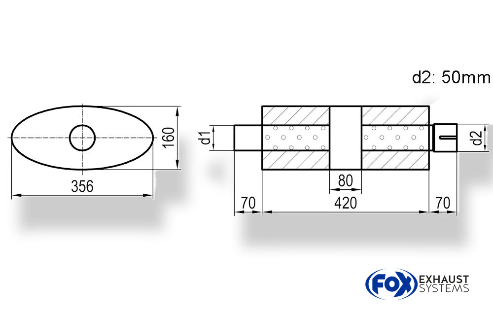 Fox Uni-Schalldämpfer oval mit Kammer + Stutzen - Abw. 818 356x160mm, d1Ø 50mm (außen), d2Ø 50mm (innen), Länge: 420mm