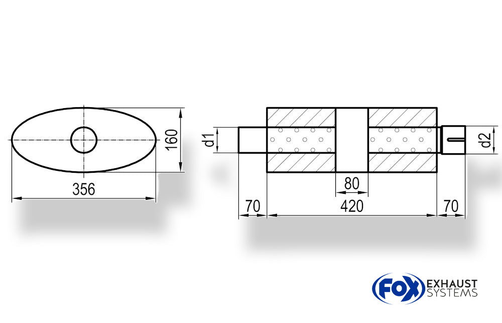 Fox Uni-Schalldämpfer oval mit Kammer + Stutzen - Abw. 818 356x160mm, d1Ø 63,5mm (außen), d2Ø 63,5mm (innen), Länge: 420mm
