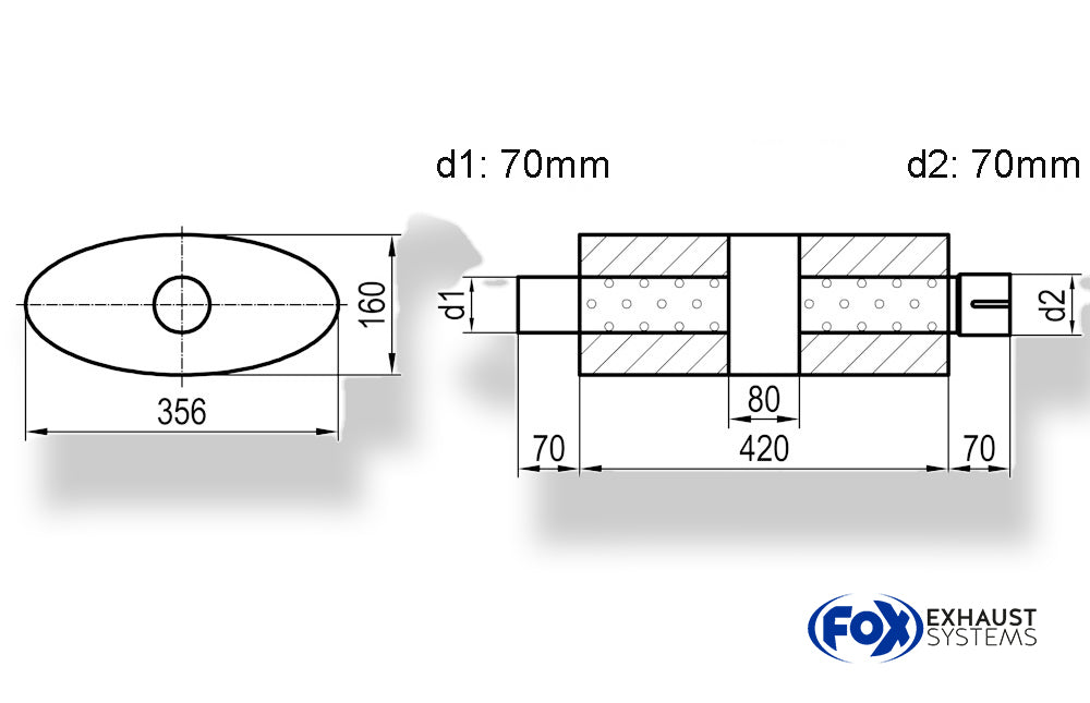 Fox Uni-Schalldämpfer oval mit Kammer + Stutzen - Abw. 818 356x160mm, d1Ø 70mm (außen), d2Ø 70mm (innen), Länge: 420mm