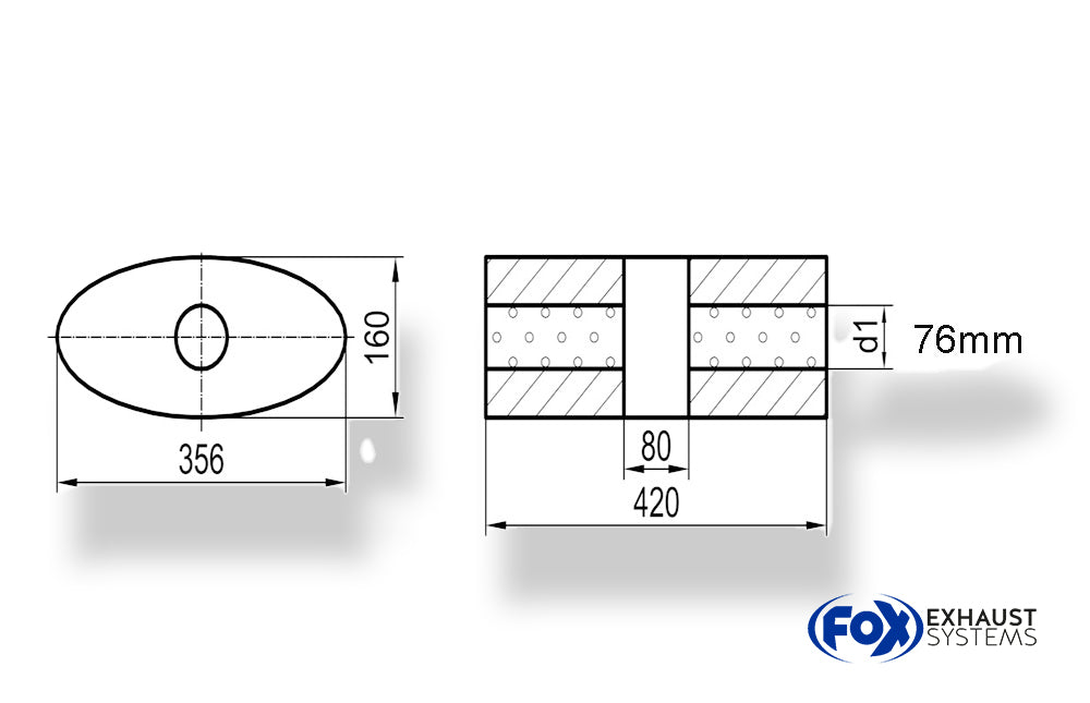 Fox Uni-Schalldämpfer oval ohne Stutzen mit Kammer - Abw. 818 356x160mm, d1Ø 76mm, Länge: 420mm